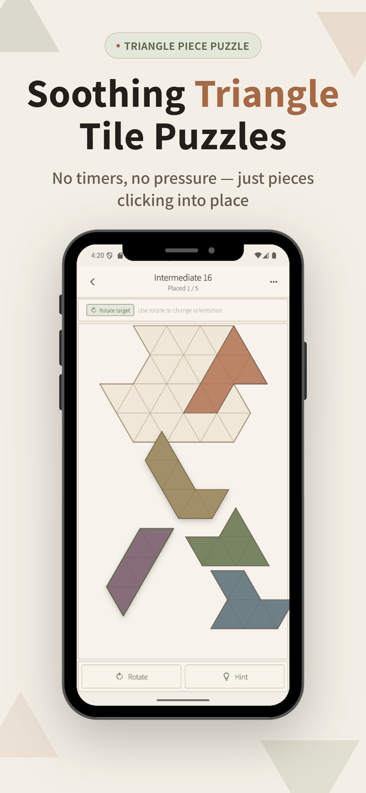 Gameplay screen: fitting triangle pieces onto the board