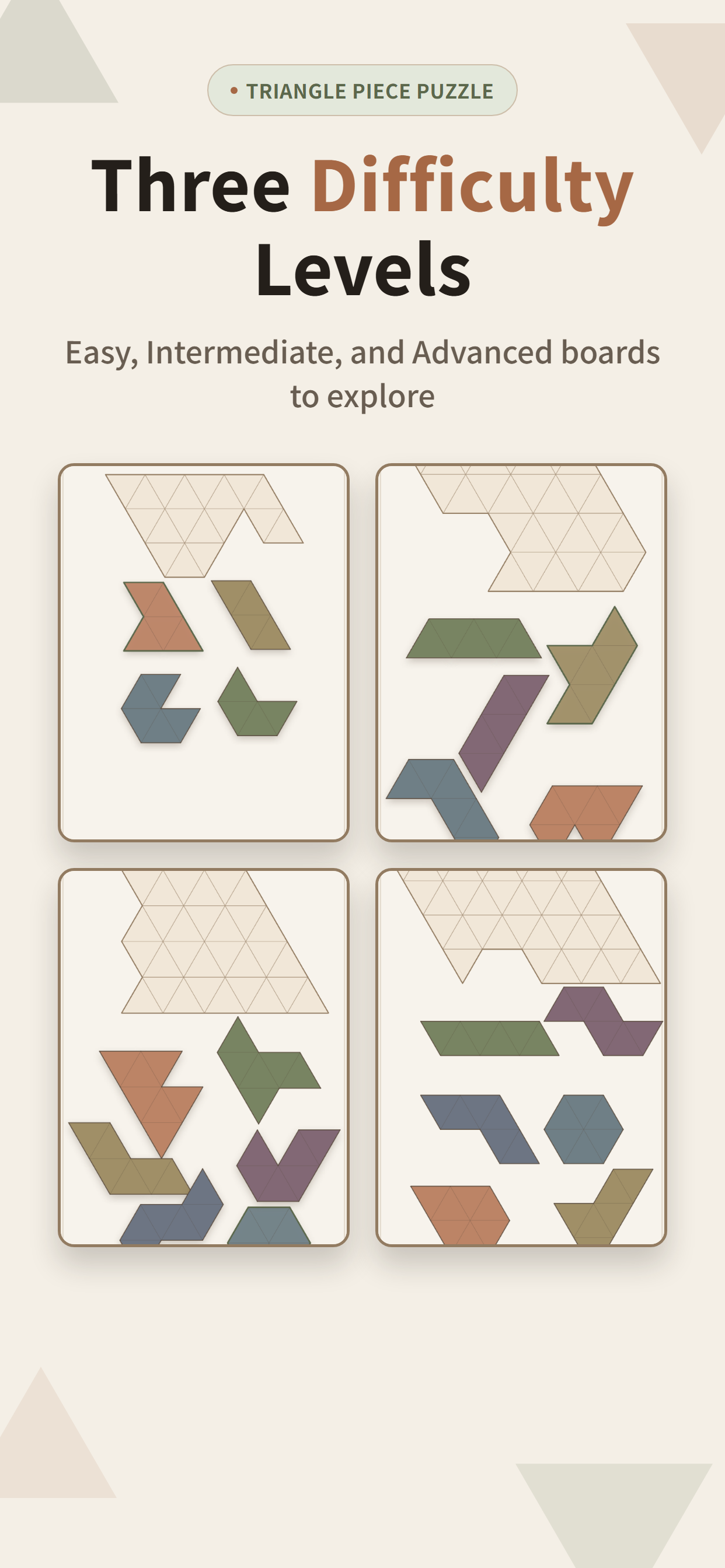 Three difficulty levels: Easy, Intermediate, and Advanced