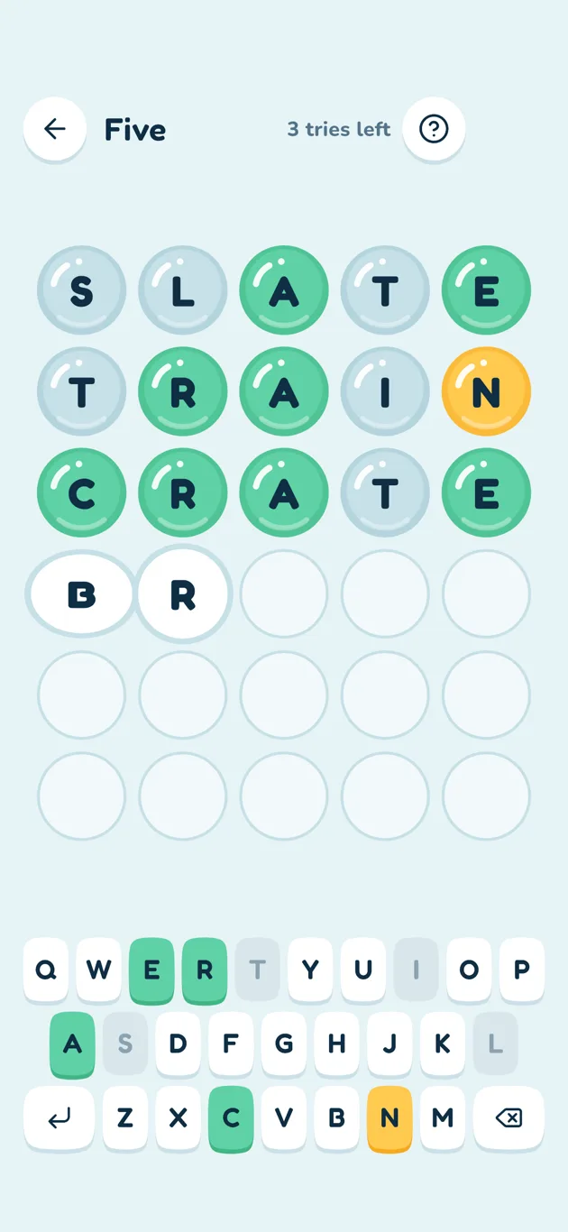 Five: guess the word, and the bubbles light up