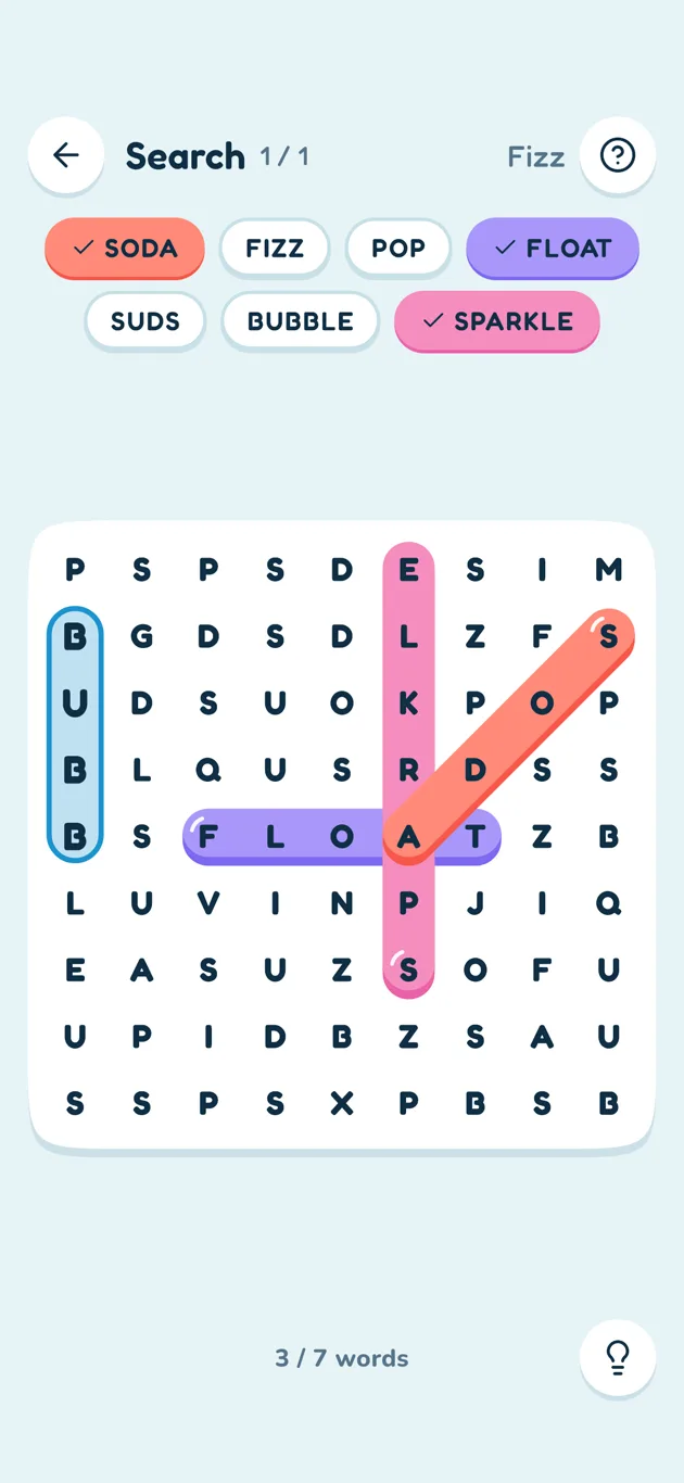 Search: swipe across hidden words, even diagonally