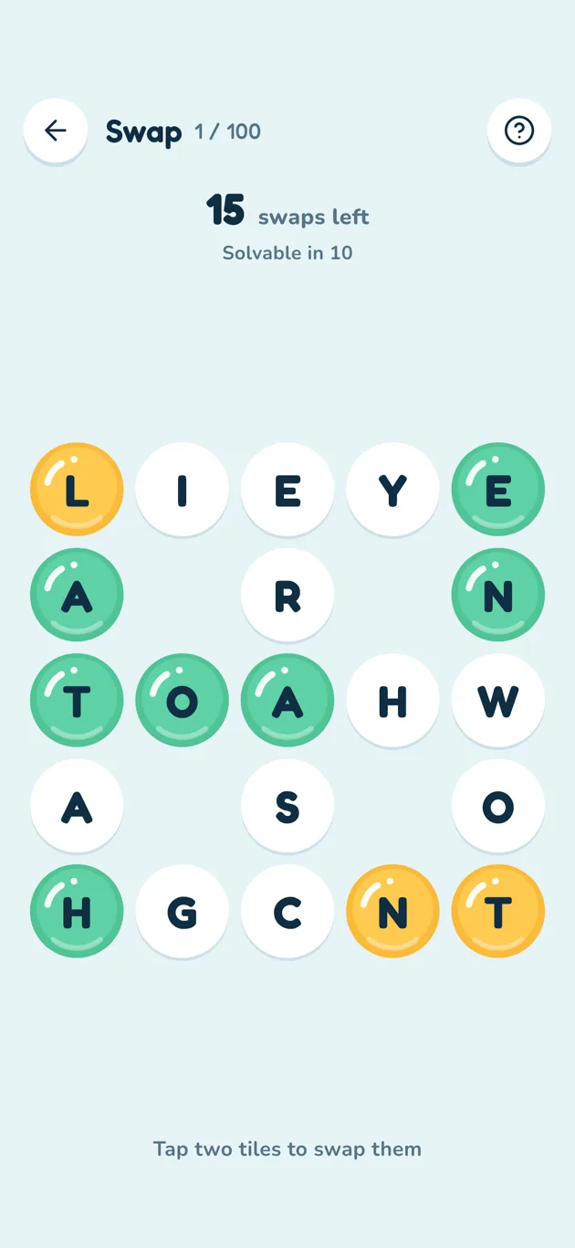 Swap: swap tiles until every row and column is a word